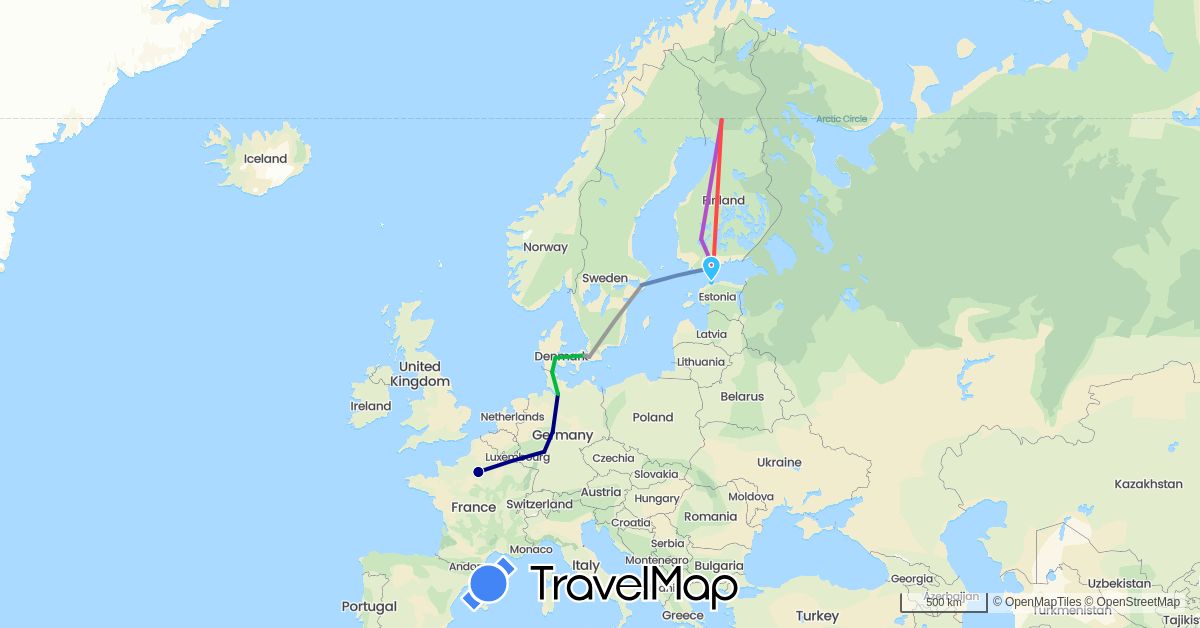 TravelMap itinerary: driving, bus, plane, cycling, train, hiking, boat in Germany, Denmark, Estonia, Finland, France, Sweden (Europe)